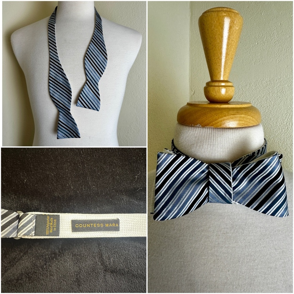 COUNTESS MARA Self Tie Bow Tie Decker Stripe Formal Silver Black White 2.25 $49